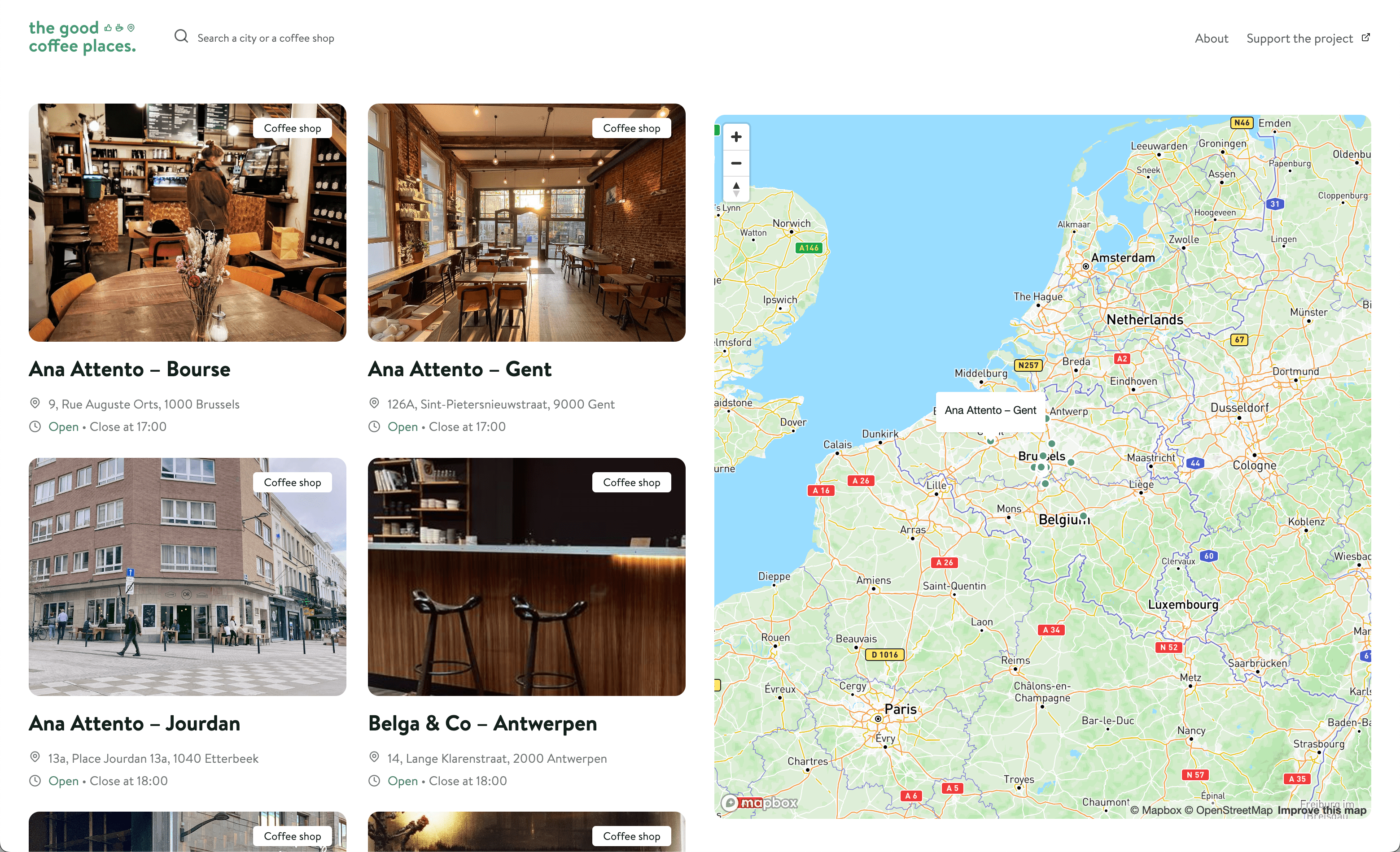 The map and the list of good coffee places on the website The Good Coffee Places