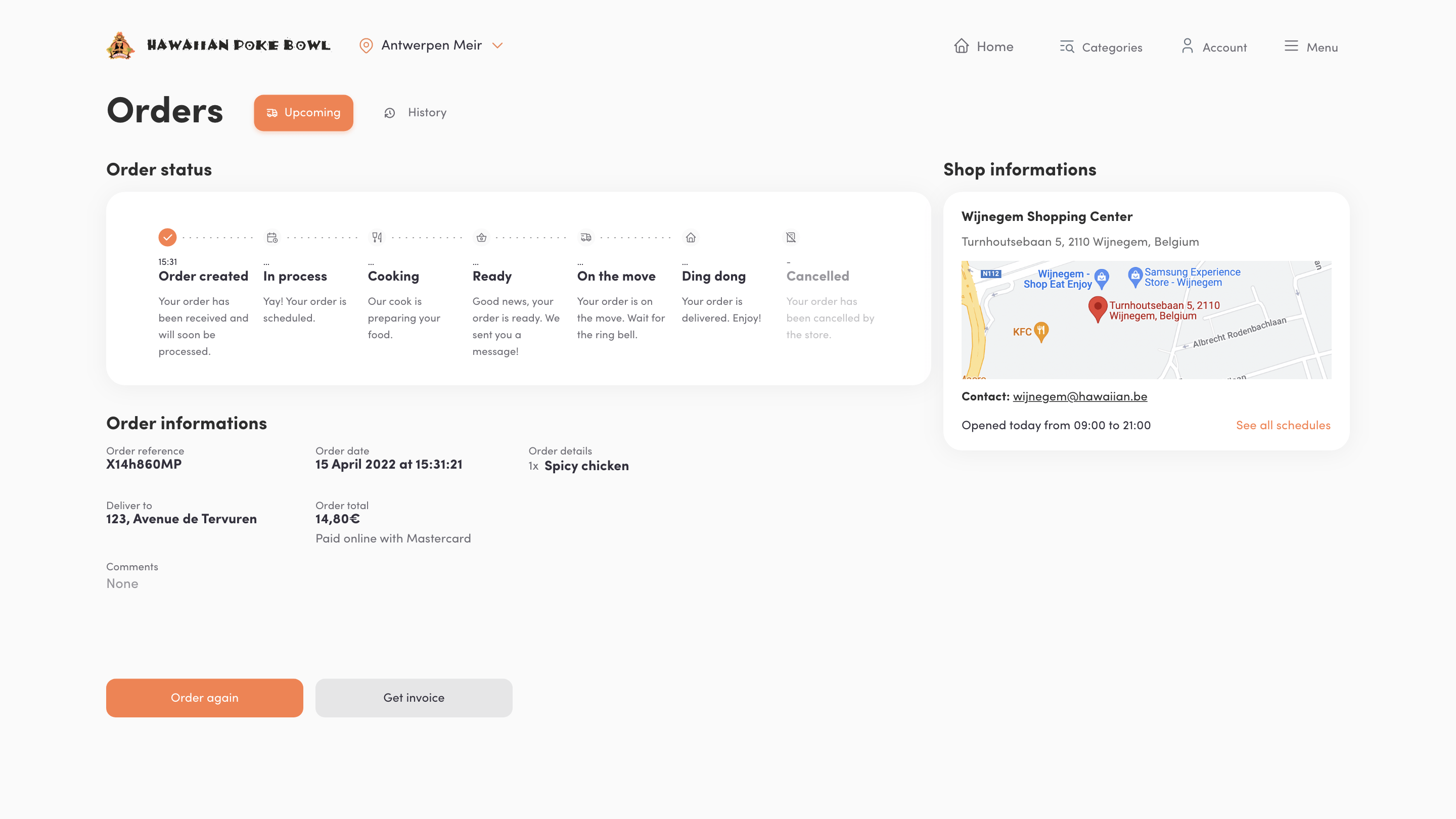 Tracking page with all the steps in which your order is currently in
